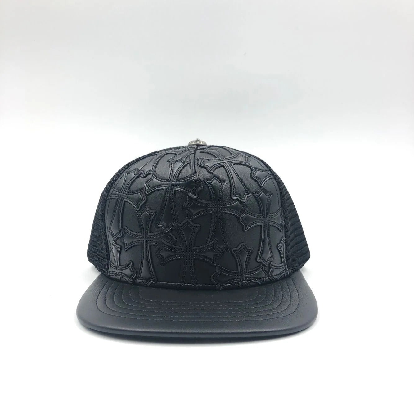 Chrome Hearts Cemetery Cross Leather Stitched Trucker Hat