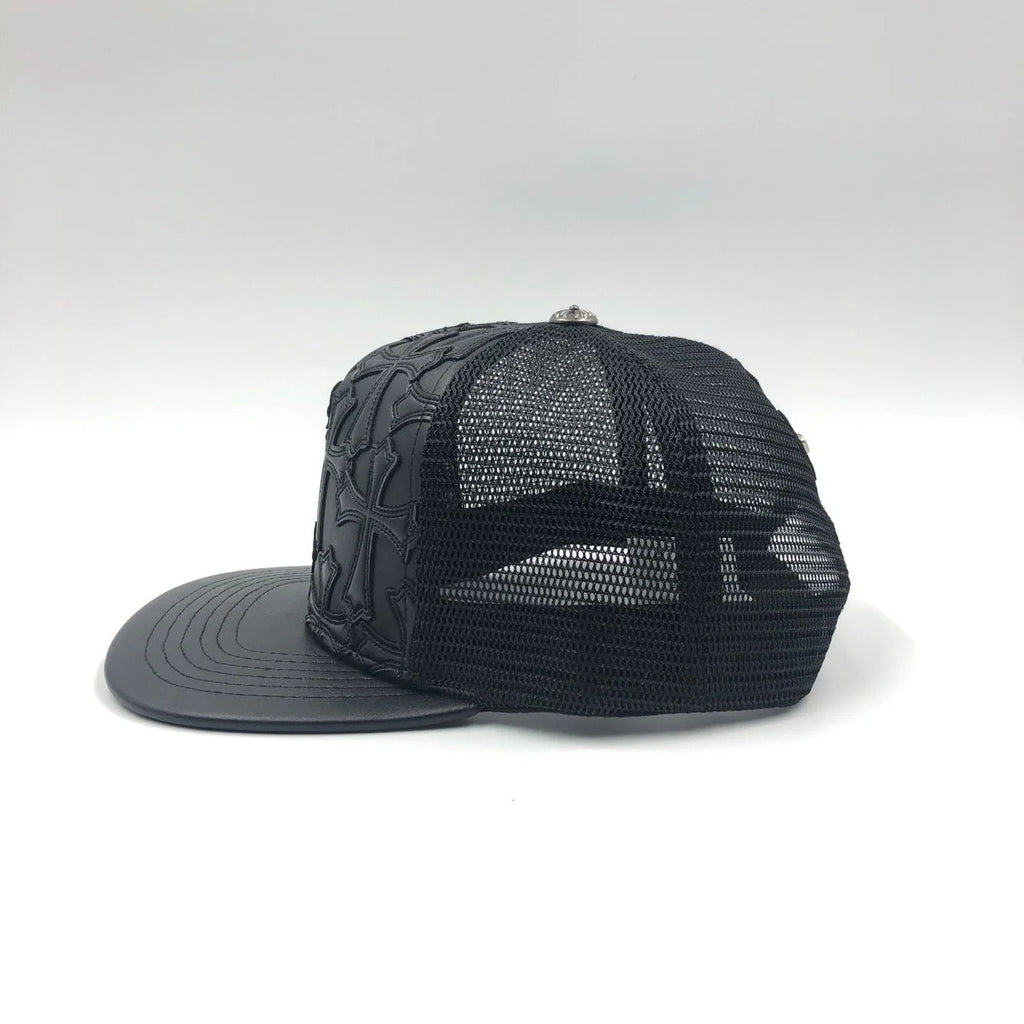 Chrome Hearts Cemetery Cross Leather Stitched Trucker Hat